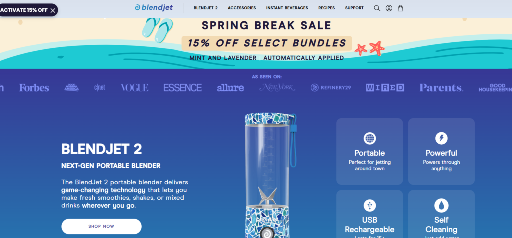 A screenshot of blendjet website to showcase an example of one product shopify store