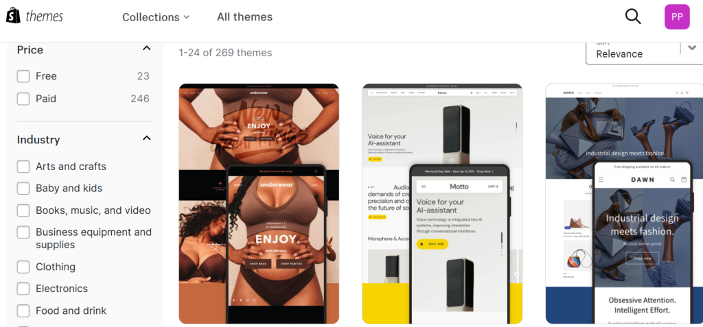 snapshot of shopify theme store