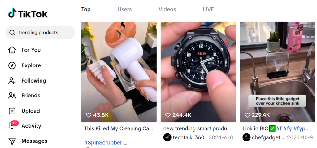 tiktok dashboard snapshot showing trending products