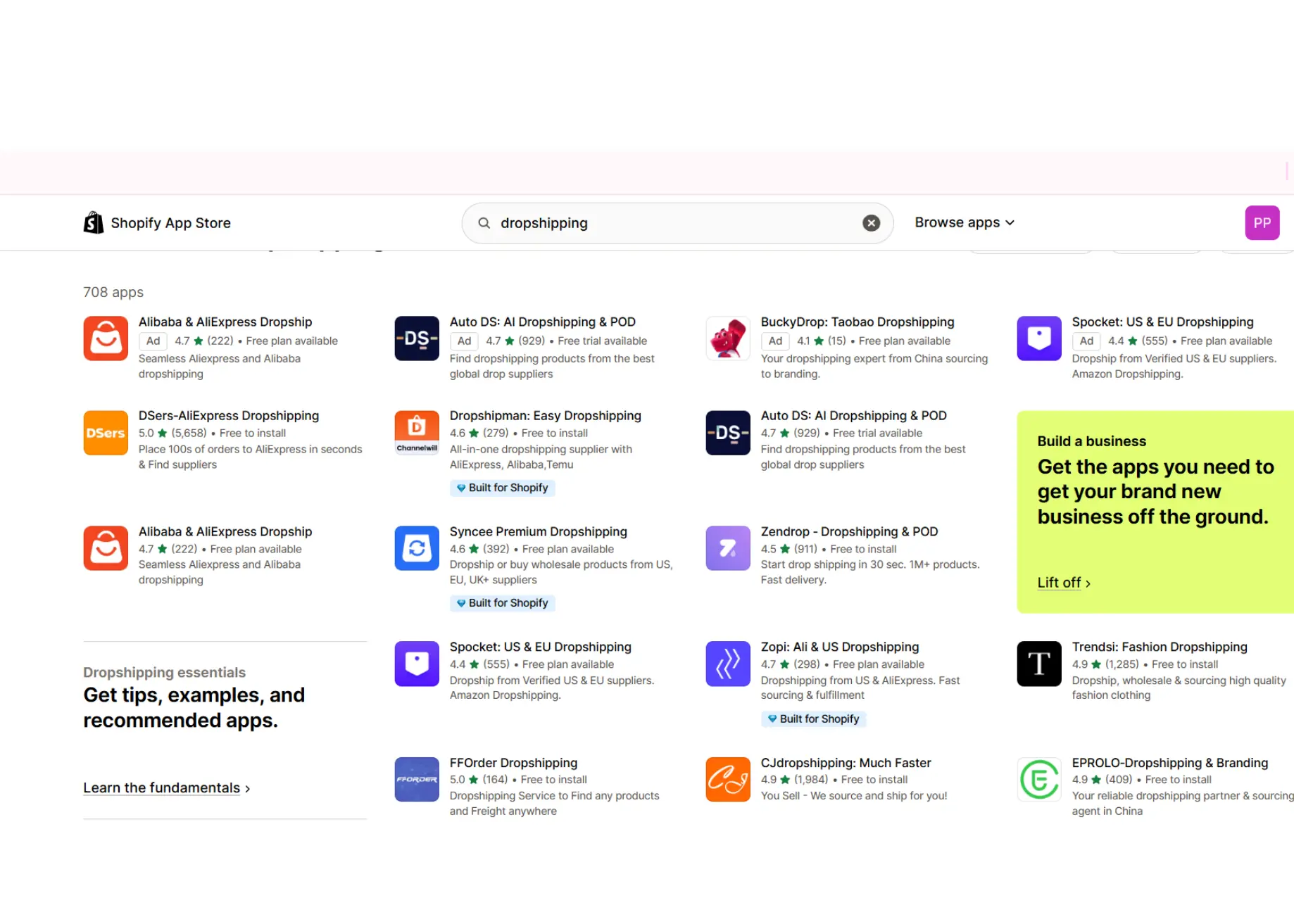 Zendrop, CJ, and Spocket dropshipping platform in shopify app store