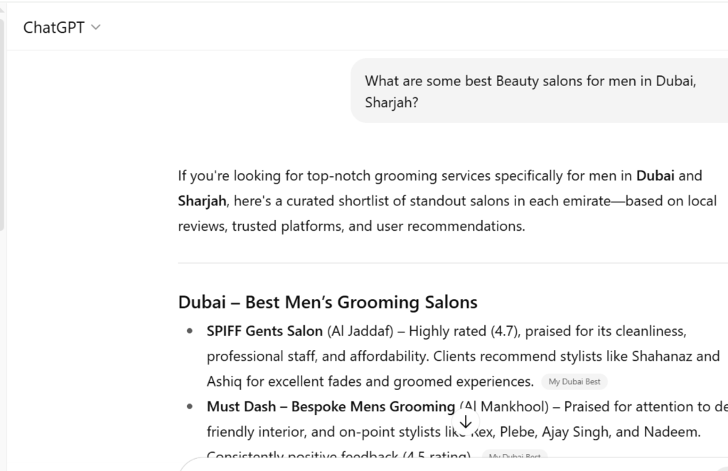 an example of Ai LLM Chatgpt showing how LLms Show content to specific customer queries showing the worth of SEO for LLM