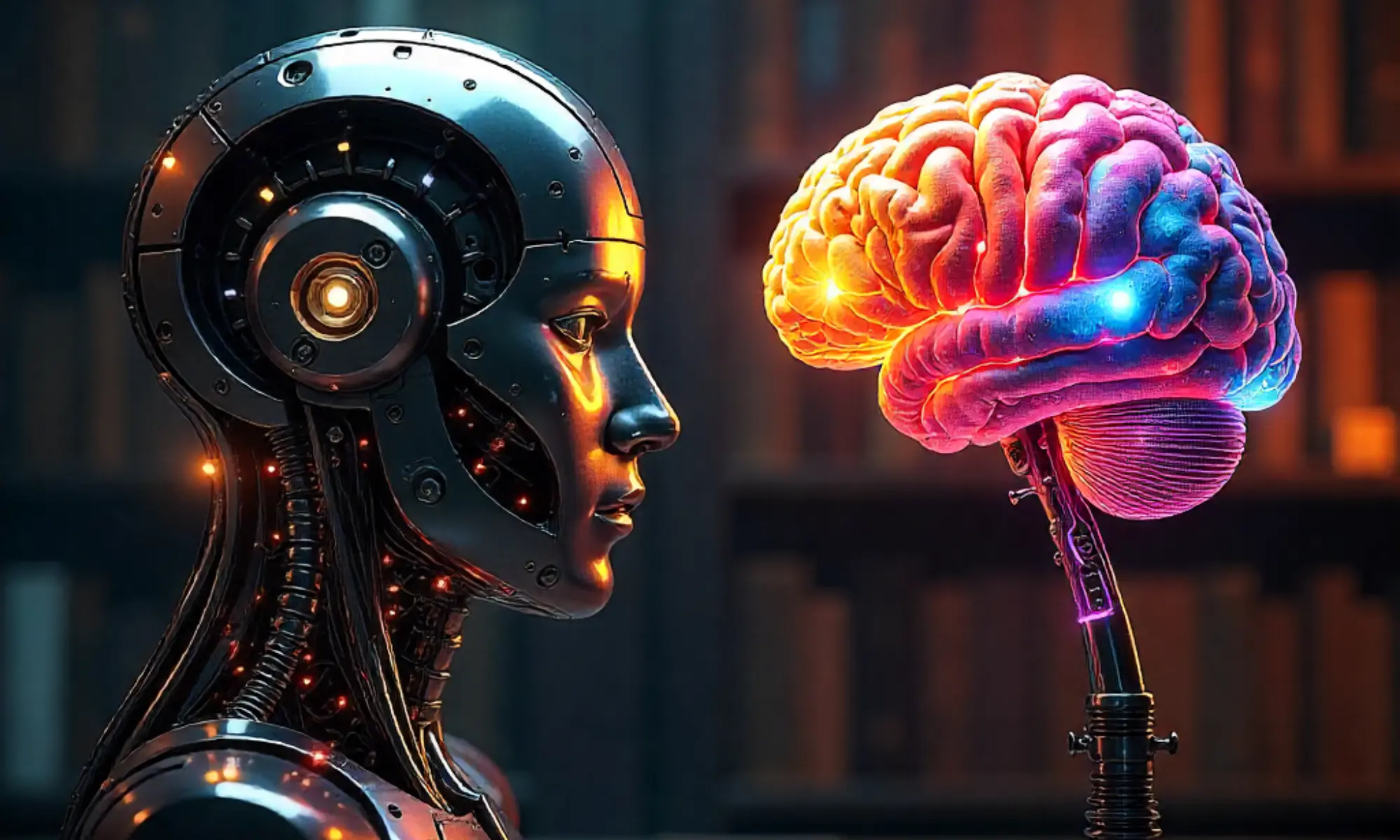 Brain + Circuit Hybrid Concept Left side: A robot brain with code flowing out. Right side: A human brain highlighting creativity, storytelling, and emotion.
