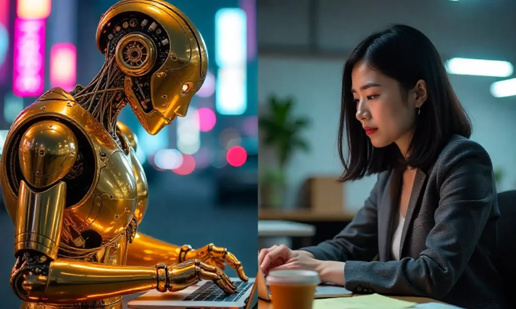  A futuristic robot typing at a laptop (symbolizing the myth that AI will take over).
Right side: A human copywriter with a laptop, notes, and coffee—clearly strategizing (symbolizing reality).
