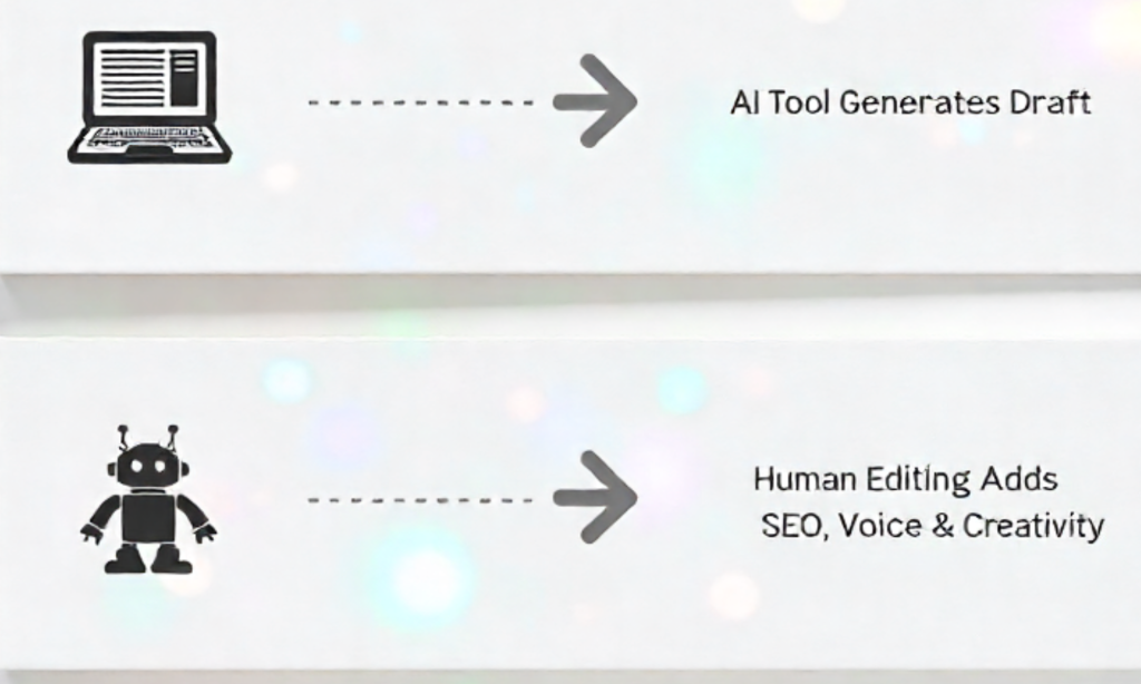 Flowchart showing how AI copywriting works: Prompt → AI tool generates draft → Human editing adds SEO and creativity