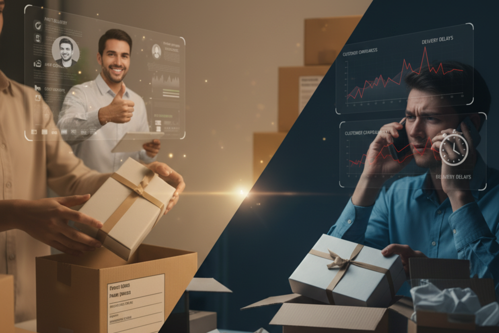 Two images show individuals focused on computers surrounded by cardboard boxes in a workspace setting showing suppliers connectivity
