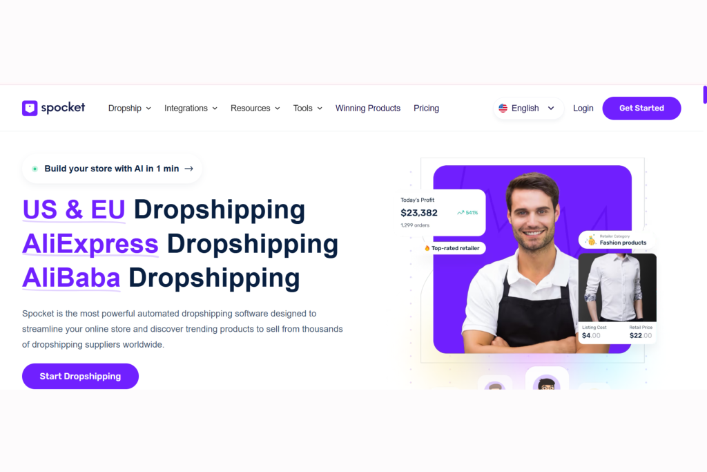 spocket for drop shipping, showcasing a modern design and user-friendly interface for online stores.
