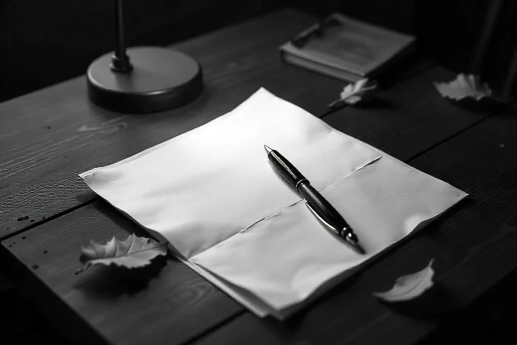 a pen and paper lying on table showing sales letter concept for direct response copywriting in past