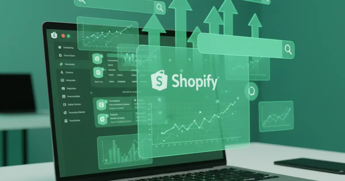 3D-rendered laptop screen showing a glowing Shopify dashboard with floating 3D search bars, analytics graphs, and arrow icons rising upward. Clean modern workspace, blue-teal lighting, futuristic marketing energy.