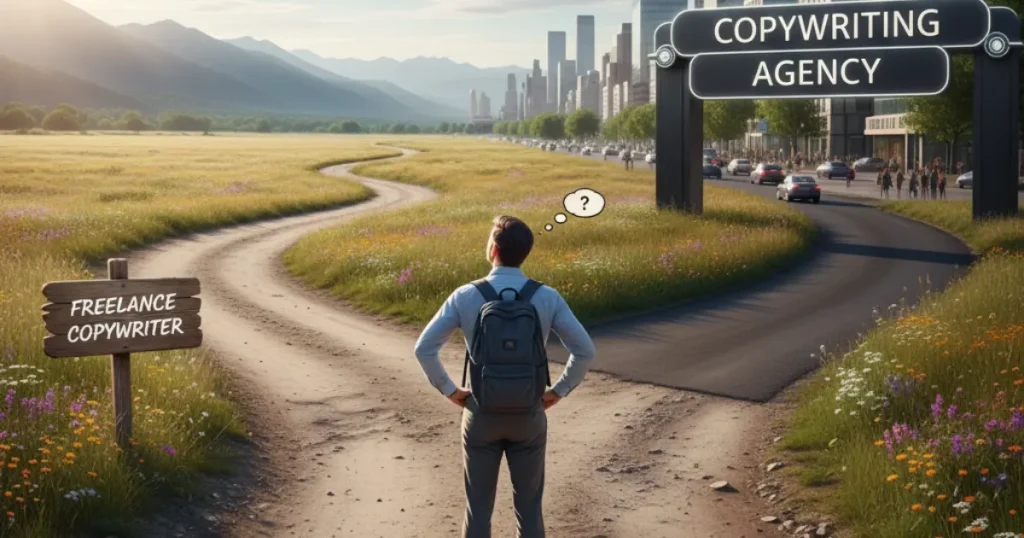 a person standing in between a footpath where on left side there is a sign board of the freelance copywriting and on other side Copywriting agency