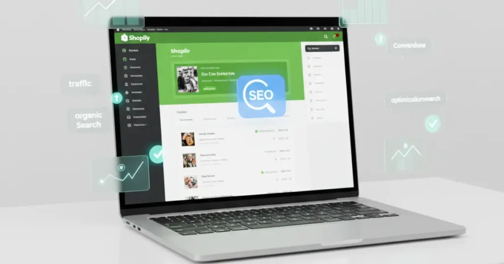 A sleek laptop screen showing a Shopify admin panel with a small magnifying glass (SEO icon) hovering over it representing the concept of How to Improve SEO on Shopify.
