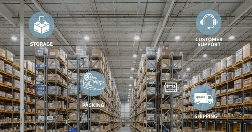 A spacious warehouse filled with tall shelves stocked with various items, illustrating the benefits of Amazon FBA.