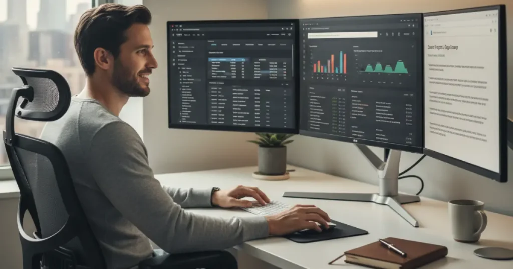 A confident freelancer copywriter working in a sleek, tech-equipped home workspace, multiple screens showing analytics, SEO tools, and writing apps.