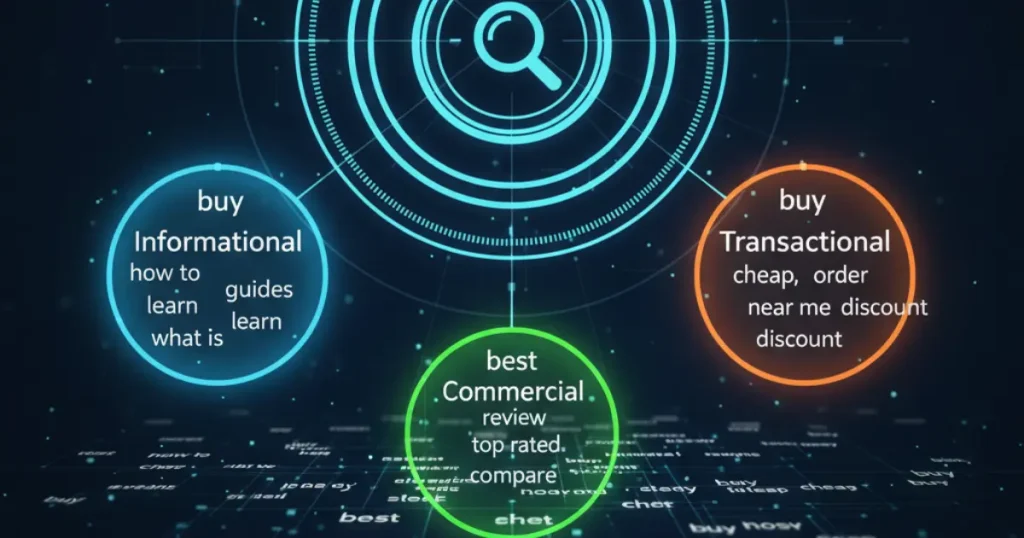 A radar or magnifying glass scanning words like “buy,” “best,” “cheap,” “how to,” “near me.”
The results categorized into “Informational,” “Commercial,” “Transactional.”