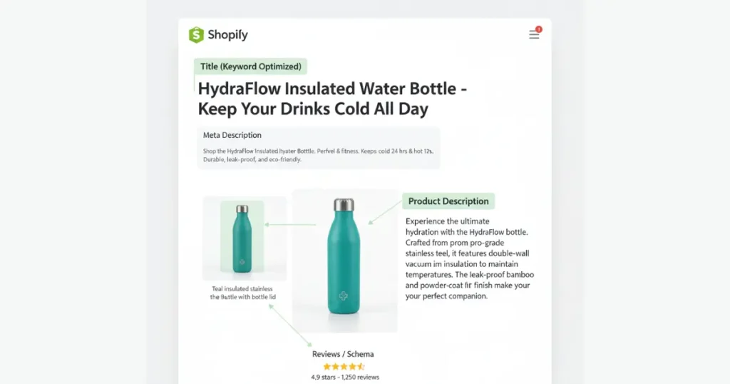 A Shopify-style product page mockup with callouts showing:
Title (Keyword Optimized)
Meta Description
Alt Text
Product Description
Reviews / Schema