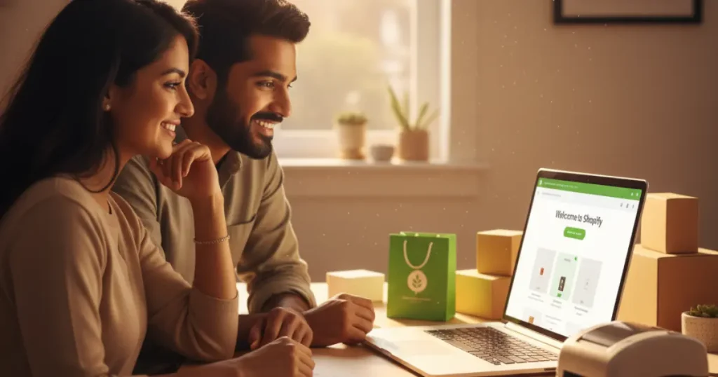 A COUPLE LOOKING AT THEIR ECOMMERCE SHOPIFY SCREEN AND LAUGHING SHOWING THE CONTEXT FOR Shopify for Small Business from home
