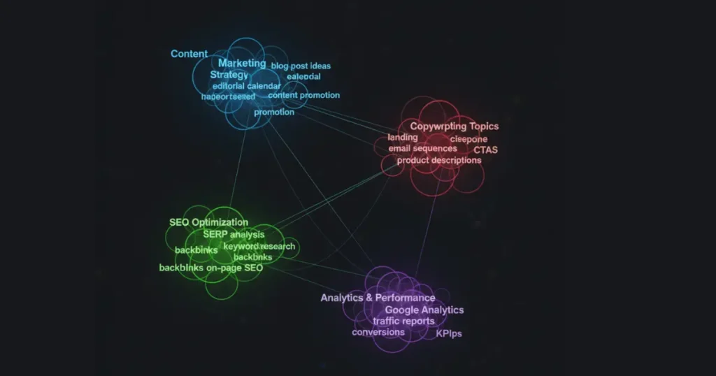 A conceptual visual showing keywords grouped into colorful clusters or nodes connected by lines, representing keyword mapping and topic organization.