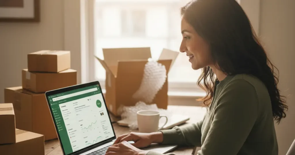 a small businuess owner working in on shopify witj happy face showing context of Shopify for Small Business