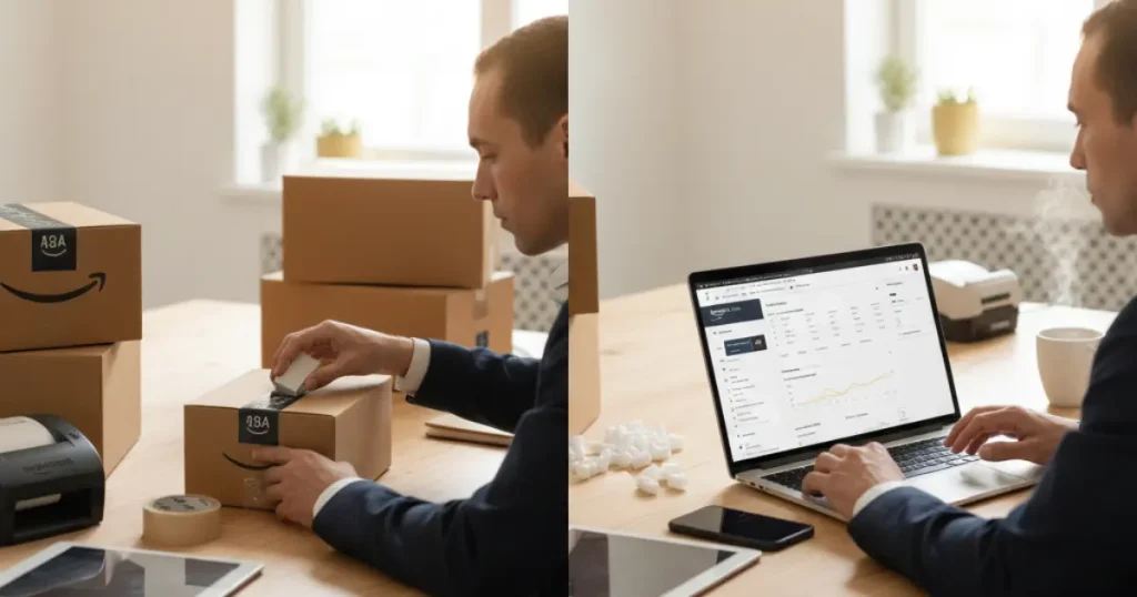 a collage image of a person packing a box on right side while on right side with laptop open representing Best Amazon Course teaching