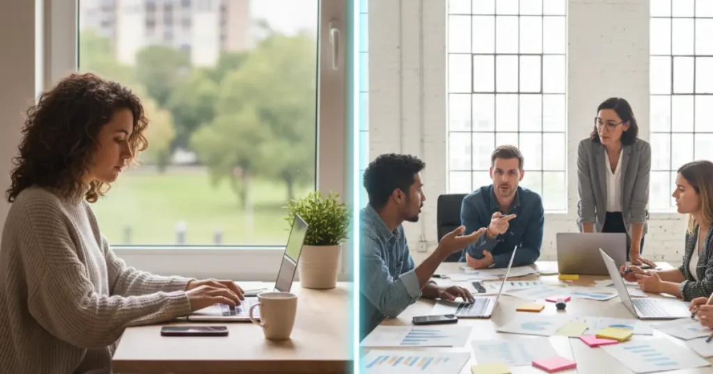 Half of the image shows a solo freelancer working independently; the other half shows a creative agency team collaborating around a desk.