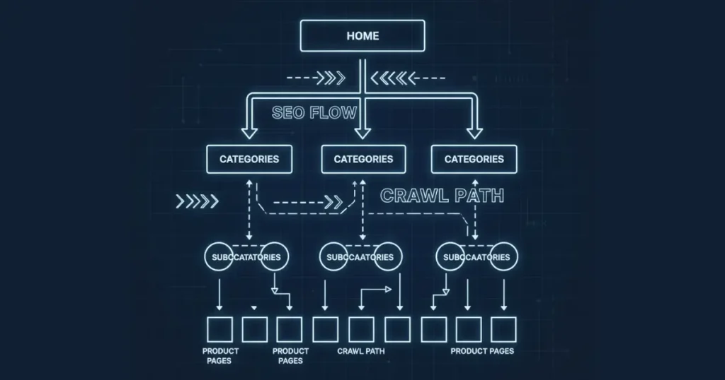 A blueprint-style visual showing a clean site hierarchy:

Home → Categories → Subcategories → Product Pages
Arrows and labels showing “SEO Flow” or “Crawl Path.”