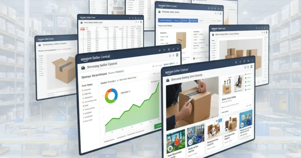 A warehouse interior featuring multiple screens, each displaying various items for inventory management to show Best Amazon FBA Course