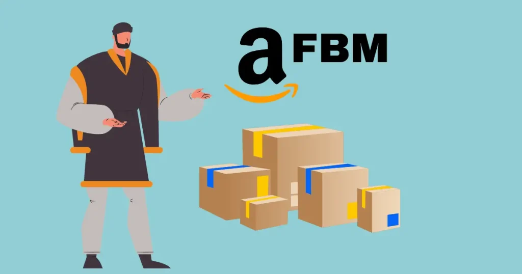 an image of a person standing by a lot of pacakage boxes to represent the FBM concept