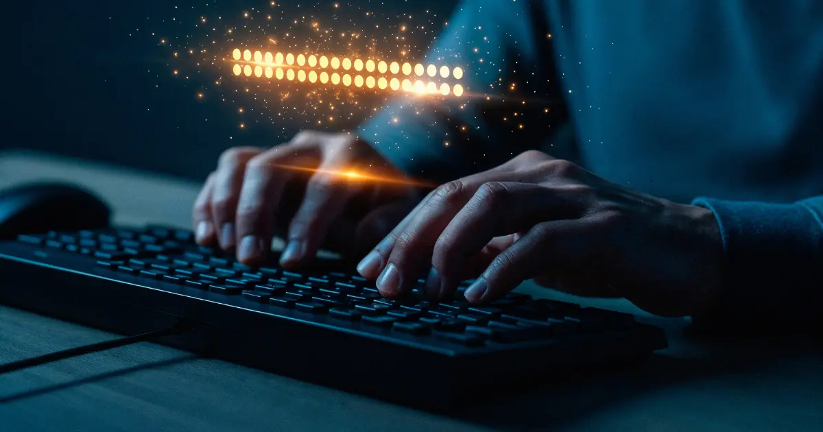A person types on a computer keyboard with illuminated digital elements floating above, suggesting COPYWRITING WITH ARTIFICIA INTELLIGENCE