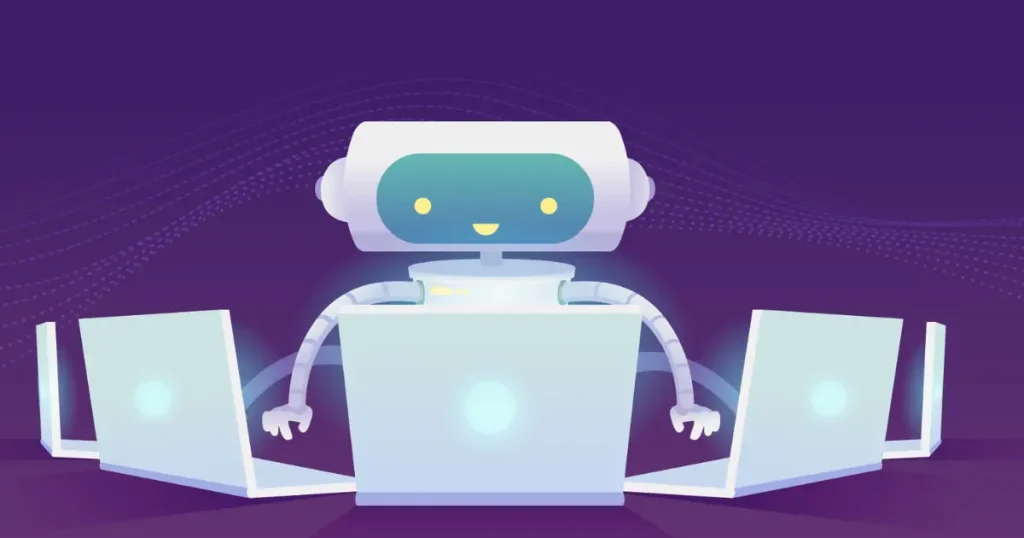 A robot seated at a desk, surrounded by three laptops, engaged in Artificial Intelligence Copywriting.