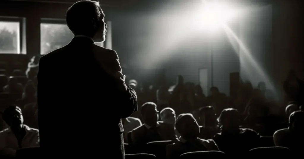  A suited man stands before a crowd, engaging with the audience during a speech or presentation.