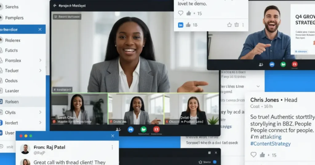Screenshot-style collage of real people on video calls, Slack messages, and LinkedIn posts with engaging text, showing how modern B2B conversations look human, social, and direct.