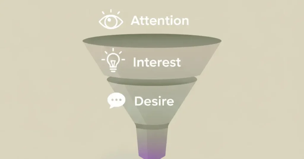 A conversion funnel showing:
Attention → Interest → Desire → Action
