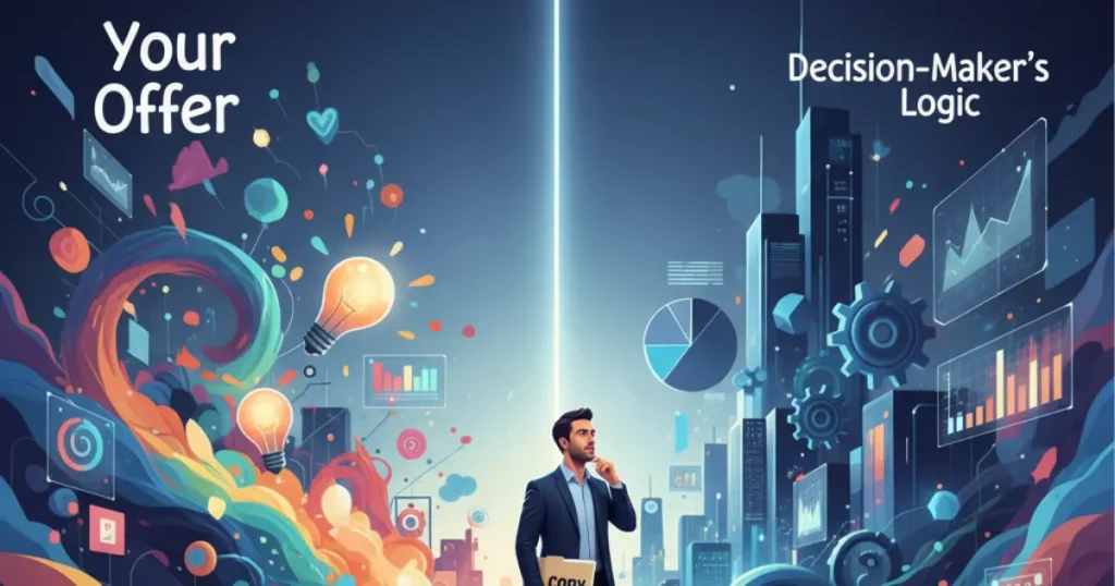 A sleek bridge connecting two sides 
One side labeled “Your Offer” (creative, colorful side).
The other labeled “Decision-Maker’s Logic” (structured, data-driven side).