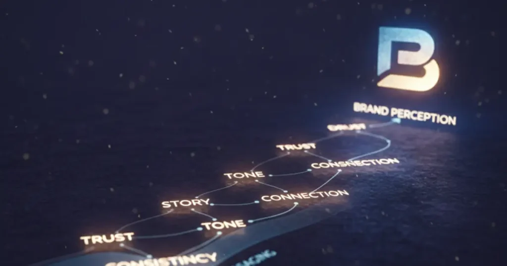 A timeline chart made of small words leading to a glowing brand logo at the end.
Each word represents a brand value, trust, story, tone, connection, consistency.
Represents how brand copywriting builds perception over time. generate