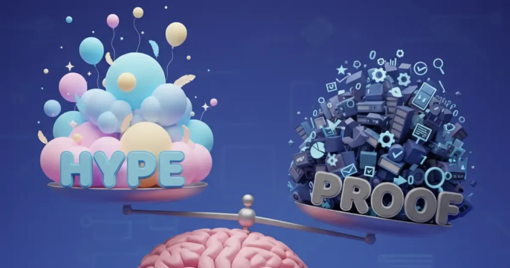 Illustration of a brain weighing two sides One side labeled “Hype” (light, fluffy).

Other labeled “Proof” (solid, heavy, data icons). generate