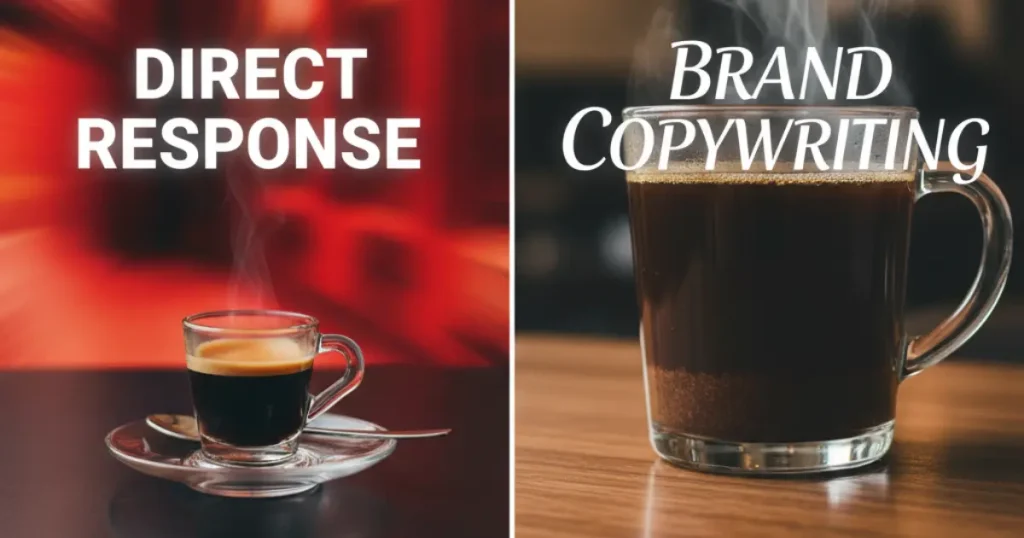 A split-screen:



Left side: small espresso shot on a bright, fast-paced background (like bold red or orange), representing Direct Response
Right side: slow-brewed cup of coffee in a cozy café setting (warm tones, wooden table, steam rising), representing Brand Copywriting generate