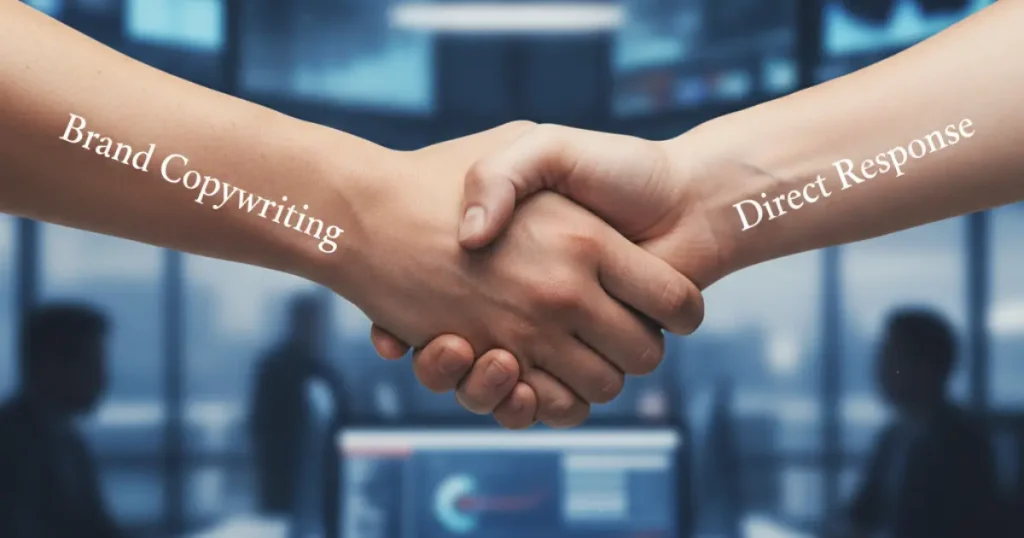 Two hands meeting — one labeled Brand Copywriting, the other Direct Response.
Behind them, a blurred backdrop of a business or ad screen. generate