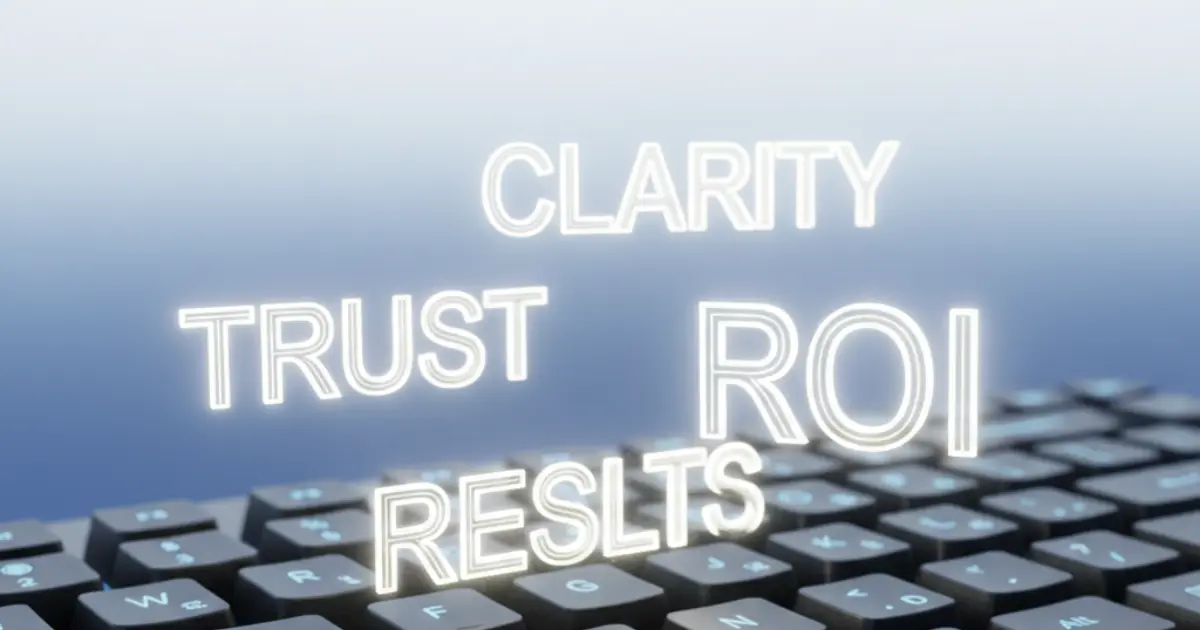 A close-up of glowing words emerging from a keyboard — words like Clarity, Trust, ROI, Results floating upward. Clean gradient background (white to blue) shwoing main factors of B2B Copywriting