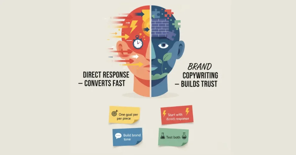 A creative illustration of a head split into two halves:
Left side: energetic, colorful, labeled “Direct Response — Converts Fast”
Right side: calm, thoughtful, labeled “Brand Copywriting: Builds Trust”