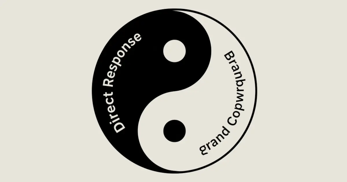 Minimal black-and-white yin-yang symbol Left side labeled Direct Response Copywriting vs Brand Copywriting