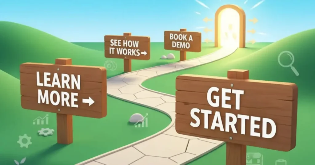 A path or road illustration with milestones labeled as CTAs:
“Learn More” → “See How It Works” → “Book a Demo” → “Get Started.”