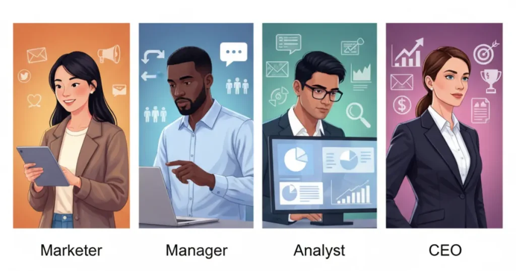 A collage or row of diverse professionals, marketer, manager, analyst, CEO — each with subtle icons floating near them (charts, emails, results, goals) showing a B2B Copywriting Agency